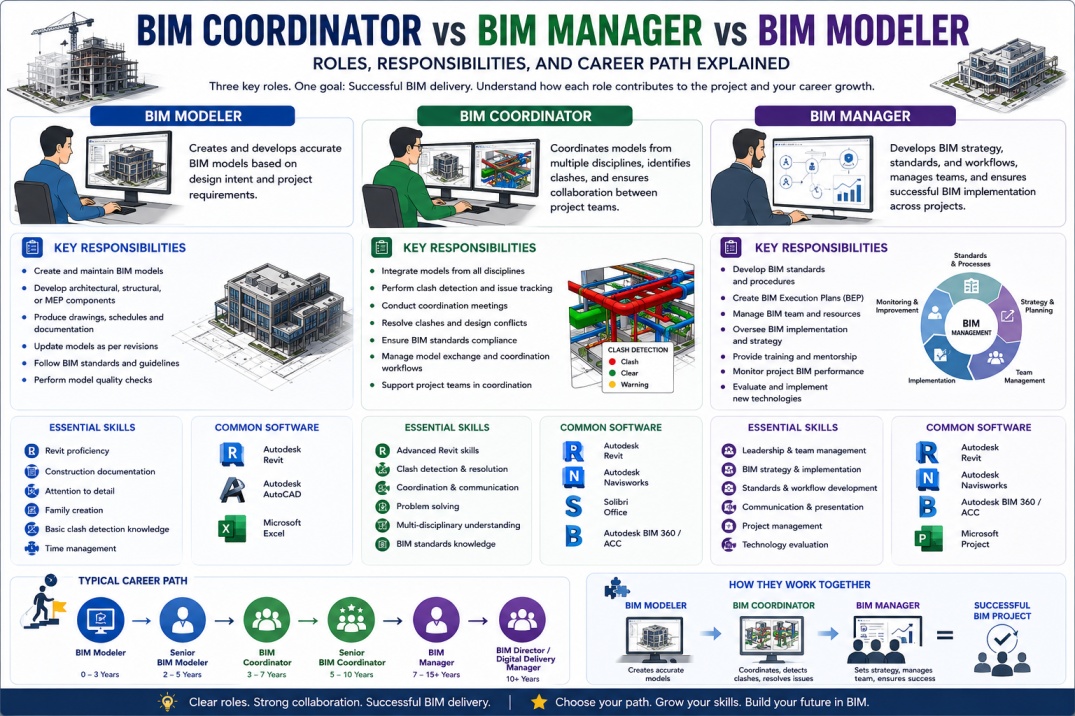 BIM Coordinator vs BIM Manager vs BIM Modeler: Roles, Responsibilities, and Career Path Explained